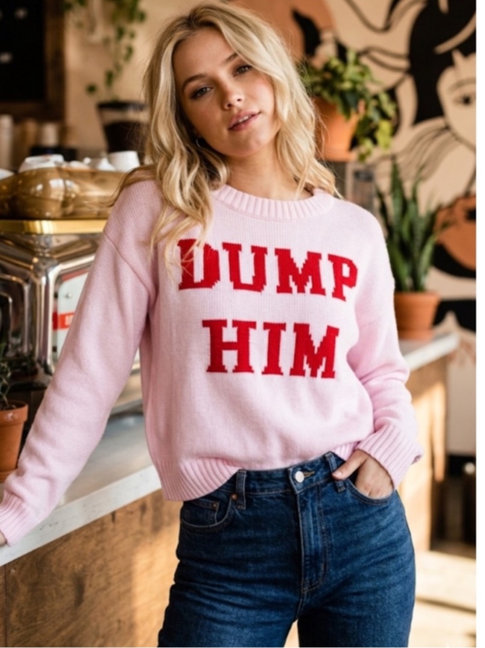 Wild‎ Fable Women's Crewneck Pullove Pink 'Dump Him' Knit Sweater Sz XL
